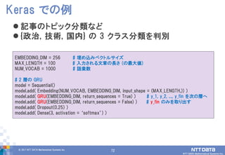 72© 2017 NTT DATA Mathematical Systems Inc.
72
 記事のトピック分類など
 {政治, 技術, 国内} の 3 クラス分類を判別
Keras での例
EMBEDDING_DIM = 256 # 埋め込みベクトルサイズ
MAX_LENGTH = 100 # 入力される文章の長さ (の最大値)
NUM_VOCAB = 1000 # 語彙数
# 2 層の GRU
model = Sequential()
model.add( Embedding(NUM_VOCAB, EMBEDDING_DIM, input_shape = (MAX_LENGTH,)) )
model.add( GRU(EMBEDDING_DIM, return_sequences = True) ) # y_1, y_2, ..., y_fin を次の層へ
model.add( GRU(EMBEDDING_DIM, return_sequences = False) ) # y_fin のみを取り出す
model.add( Dropout(0.25) )
model.add( Dense(3, activation = ‘softmax’) )
 