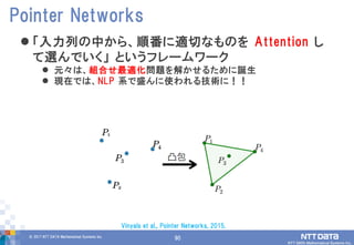 90© 2017 NTT DATA Mathematical Systems Inc.
90
 「入力列の中から、順番に適切なものを Attention し
て選んでいく」 というフレームワーク
 元々は、組合せ最適化問題を解かせるために誕生
 現在では、NLP 系で盛んに使われる技術に！！
Pointer Networks
Vinyals et al., Pointer Networks, 2015.
 