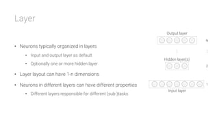 Layer

•  Neurons typically organized in layers
•  Input and output layer as default
•  Optionally one or more hidden layer
•  Layer layout can have 1-n dimensions
•  Neurons in different layers can have different properties
•  Different layers responsible for different (sub-)tasks
Output layer
Input layer
...
N
1
2
Hidden layer(s)
...
 