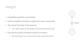 Weight

•  (Logically) augments a connection
•  Used to amplify or dampen a signal sent over a connection
•  The actual “memory” of the network
•  The “right” values of the weights are learned during training
•  Can also be used to introduce a bias for a neuron
•  By connecting it to an extra neuron that constantly emits 1
W
 Weight
 