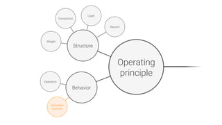 Activation
function
Operating
principle
Structure
Behavior
Neuron
Layer
Weight
Connection
Operation
 