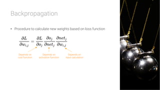 Backpropagation

•  Procedure to calculate new weights based on loss function
Depends on
cost function
Depends on
activation function
Depends on
input calculation
 