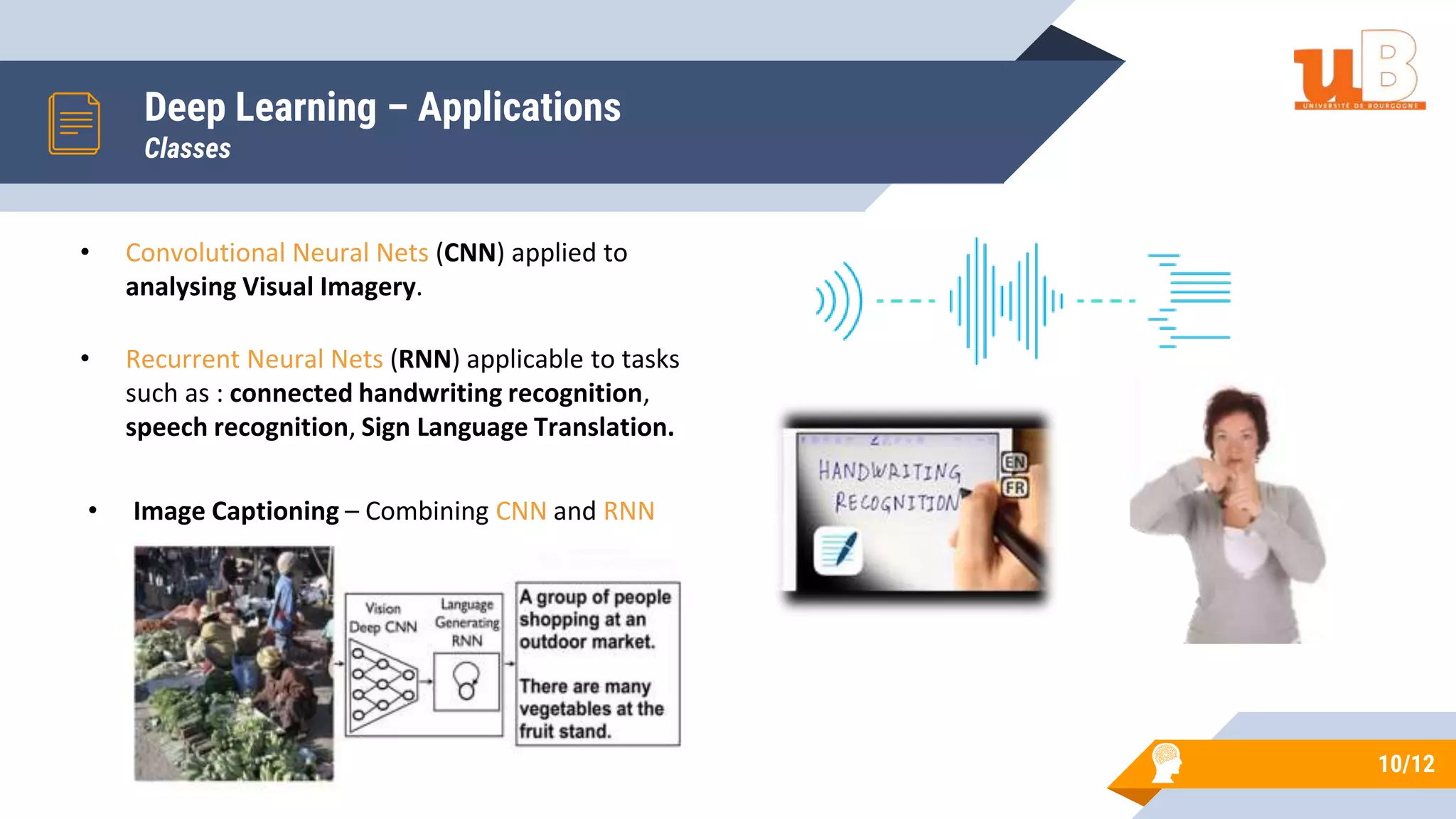 Deep Learning – Applications
Classes
• Convolutional Neural Nets (CNN) applied to
analysing Visual Imagery.
• Recurrent Neural Nets (RNN) applicable to tasks
such as : connected handwriting recognition,
speech recognition, Sign Language Translation.
• Image Captioning – Combining CNN and RNN
10/12
 