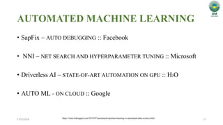 AUTOMATED MACHINE LEARNING
• SapFix – AUTO DEBUGGING :: Facebook
• NNI – NET SEARCH AND HYPERPARAMETER TUNING :: Microsoft
• Driverless AI – STATE-OF-ART AUTOMATION ON GPU :: H2O
• AUTO ML - ON CLOUD :: Google
12/3/2018 17https://www.kdnuggets.com/2018/07/automated-machine-learning-vs-automated-data-science.html
 