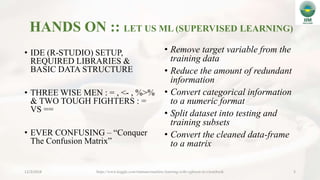 HANDS ON :: LET US ML (SUPERVISED LEARNING)
• IDE (R-STUDIO) SETUP,
REQUIRED LIBRARIES &
BASIC DATA STRUCTURE
• THREE WISE MEN : = , <- , %>%
& TWO TOUGH FIGHTERS : =
VS ==
• EVER CONFUSING – “Conquer
The Confusion Matrix”
12/3/2018 5
• Remove target variable from the
training data
• Reduce the amount of redundant
information
• Convert categorical information
to a numeric format
• Split dataset into testing and
training subsets
• Convert the cleaned data-frame
to a matrix
https://www.kaggle.com/rtatman/machine-learning-with-xgboost-in-r/notebook
 