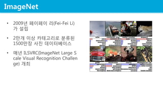 ImageNet
? 2009? ???? ?(Fei-Fei Li)
? ??
? 2?? ?? ????? ???
1500?? ?? ??????
? ?? ILSVRC(ImageNet Large S
cale Visual Recognition Challen
ge) ??
 
