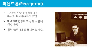 ????(Perceptron)
? 1957? ??? ?????
(Frank Rosenblatt)? ??
? IBM 704 ???? ?? ???
?? ??
? ??-?? 2?? ???? ??
 