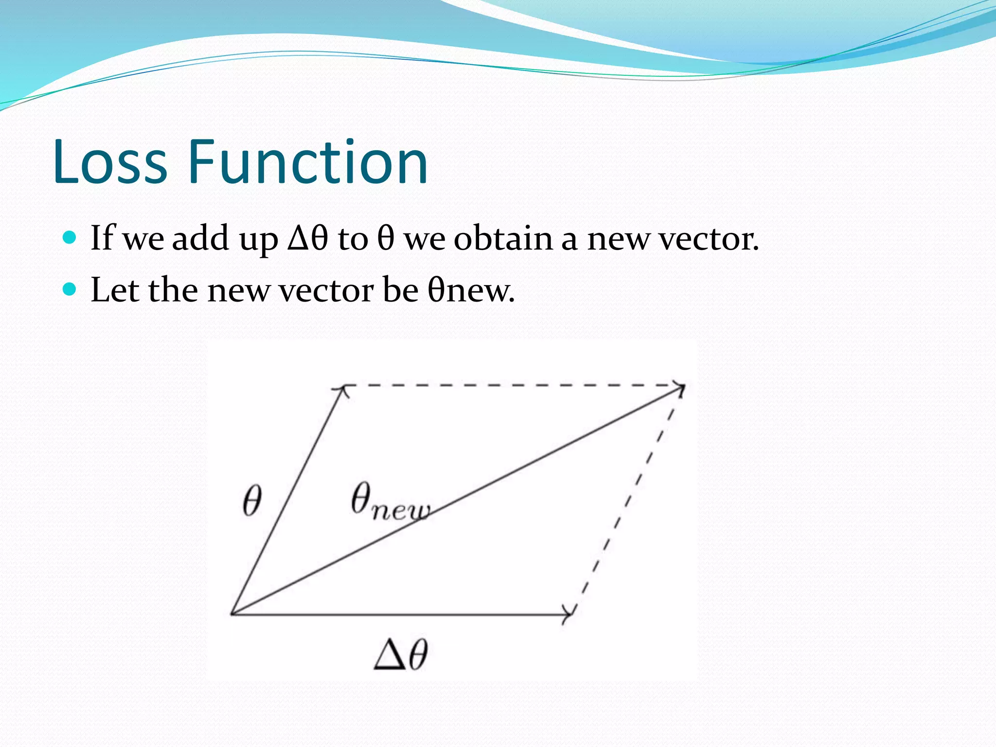 Loss Function
 If we add up Δθ to θ we obtain a new vector.
 Let the new vector be θnew.
 