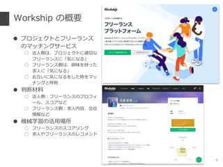 ● プロジェクトとフリーランス
のマッチングサービス
○ 法人側は、プロジェクトに適切な
フリーランスに「気になる」
○ フリーランス側は、興味を持った
求人に「気になる」
○ お互いに気になるをした時をマッ
チングと呼称
● 判断材料
○ 法人側：フリーランスのプロフィ
ール、スコアなど
○ フリーランス側：求人内容、会社
情報など
● 機械学習の活用場所
○ フリーランスのスコアリング
○ 求人やフリーランスのレコメンド
Workship の概要
6
 