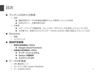 目次
● プレゼンの目的と対象者
○ 目的
■ 機械学習やデータ分析基盤を構築する上で便利だったことの共有
■ 社内の方々へ、仕事内容の共有
○ 対象者
■ スタートアップで機械学習、もしくはデータサイエンスを活用しようとしている方
■ 大企業でも、新規プロジェクトでデータがないor少ない状態で進めようとしている方
● Workship
○ 概要
○ スコアリング
● 機械学習基盤
○ 最初の全体構成と PDCA
■ Google Cloud Functions
○ 改善後の全体構成と PDCA
■ アノテーションシステム
■ Docker 本番運用
■ スコアリング API
● データ分析基盤
○ KPI 確認用シート
○ オンライン分析 Jupyter Notebook
○ データ分析の PDCA 8
 