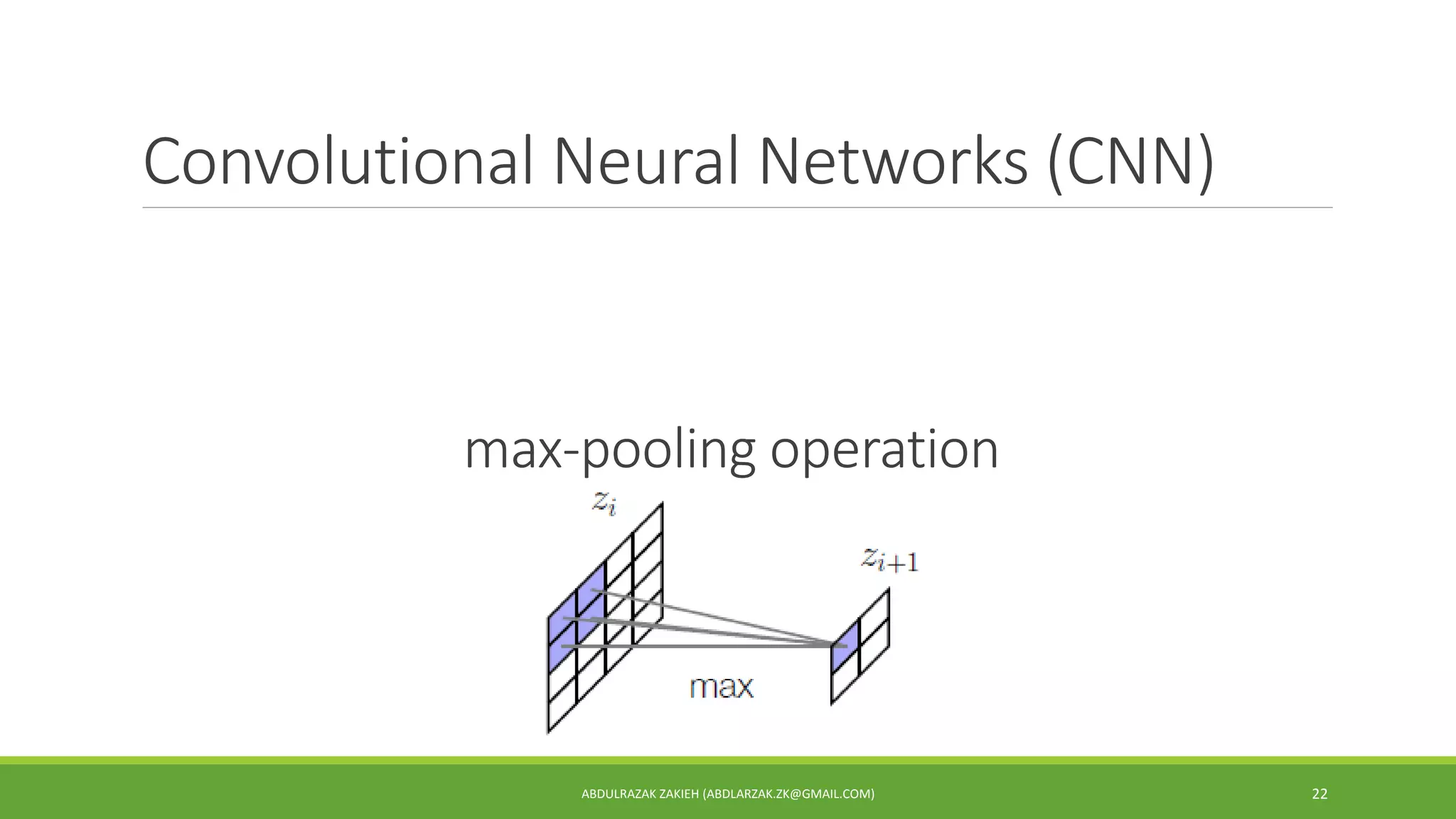 Convolutional Neural Networks (CNN)
ABDULRAZAK ZAKIEH (ABDLARZAK.ZK@GMAIL.COM) 22
max-pooling operation
 