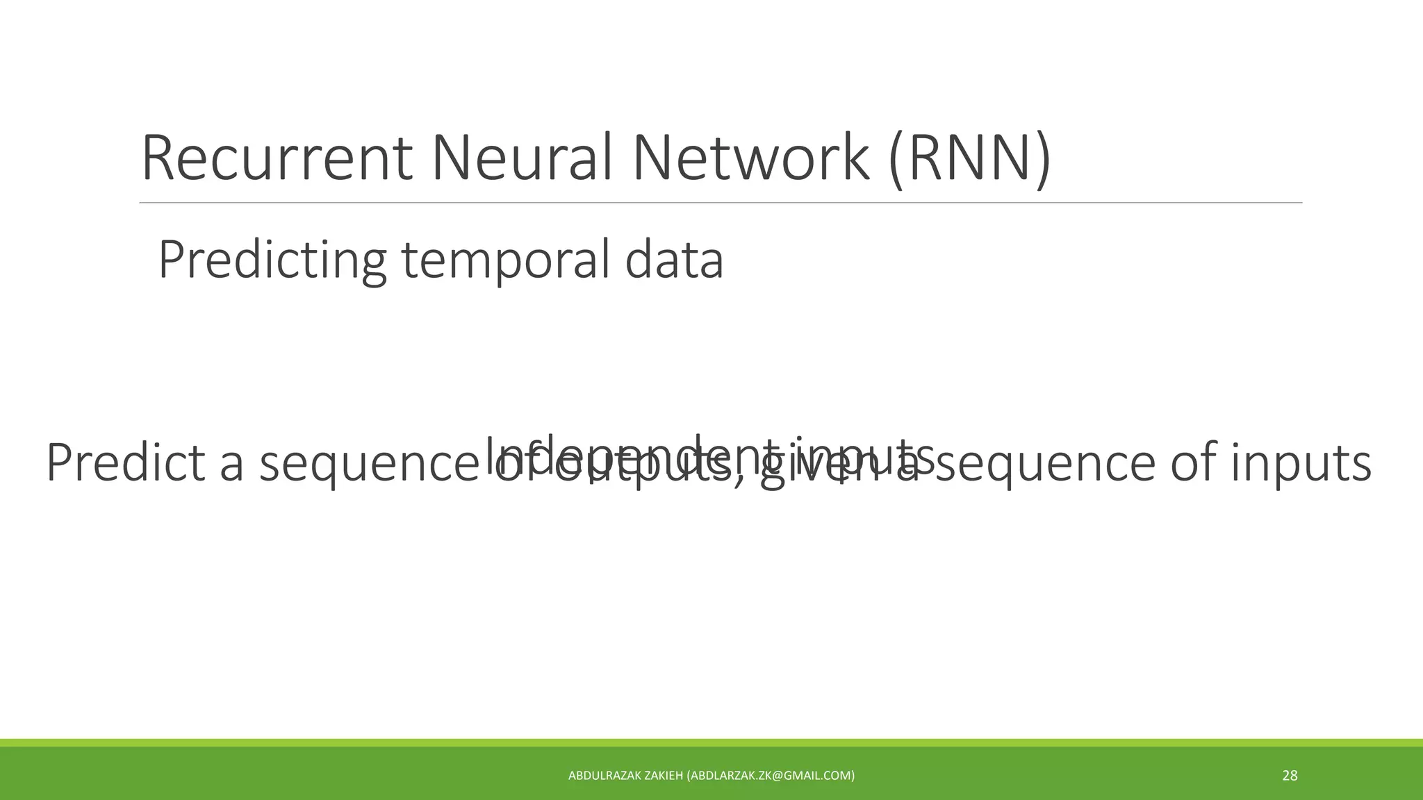 Recurrent Neural Network (RNN)
ABDULRAZAK ZAKIEH (ABDLARZAK.ZK@GMAIL.COM) 28
Predicting temporal data
Independent inputsPredict a sequence of outputs, given a sequence of inputs
 