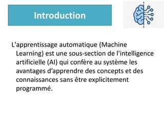 Introduction
L'apprentissage automatique (Machine
Learning) est une sous-section de l'intelligence
artificielle (AI) qui confère au système les
avantages d’apprendre des concepts et des
connaissances sans être explicitement
programmé.
 
