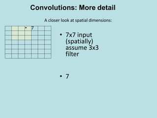 • 7
• 7x7 input
(spatially)
assume 3x3
filter
• 7
A closer look at spatial dimensions:
Convolutions: More detail
 