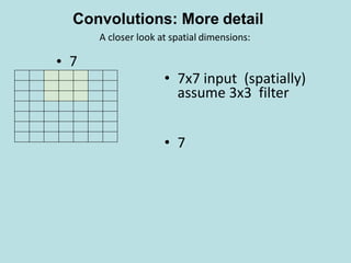 • 7
• 7x7 input (spatially)
assume 3x3 filter
• 7
A closer look at spatial dimensions:
Convolutions: More detail
 