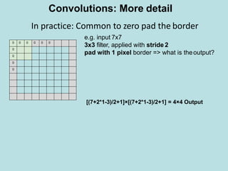 In practice: Common to zero pad the border
e.g. input 7x7
3x3 filter, applied with stride 2
pad with 1 pixel border => what is theoutput?
0 0 0 0 0 0
0
0
0
0
Convolutions: More detail
[(7+2*1-3)/2+1]×[(7+2*1-3)/2+1] = 4×4 Output
 