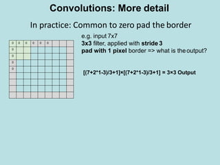 In practice: Common to zero pad the border
0 0 0 0 0 0
0
0
0
0
Convolutions: More detail
e.g. input 7x7
3x3 filter, applied with stride 3
pad with 1 pixel border => what is theoutput?
[(7+2*1-3)/3+1]×[(7+2*1-3)/3+1] = 3×3 Output
 