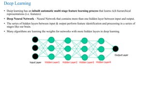 Deep Learning
• Deep learning has an inbuilt automatic multi stage feature learning process that learns rich hierarchical
representations (i.e. features).
• Deep Neural Network – Neural Network that contains more than one hidden layer between input and output.
• The series of hidden layers between input & output perform feature identification and processing in a series of
stages like our brain.
• Many algorithms are learning the weights for networks with more hidden layers in deep learning.
Input Layer Hidden Layer1 Hidden Layer2 Hidden Layer3 Hidden Layer4
Output Layer
 