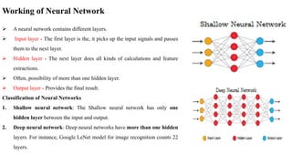 Working of Neural Network
➢ A neural network contains different layers.
➢ Input layer - The first layer is the, it picks up the input signals and passes
them to the next layer.
➢ Hidden layer - The next layer does all kinds of calculations and feature
extractions.
➢ Often, possibility of more than one hidden layer.
➢ Output layer - Provides the final result.
Classification of Neural Networks
1. Shallow neural network: The Shallow neural network has only one
hidden layer between the input and output.
2. Deep neural network: Deep neural networks have more than one hidden
layers. For instance, Google LeNet model for image recognition counts 22
layers.
 