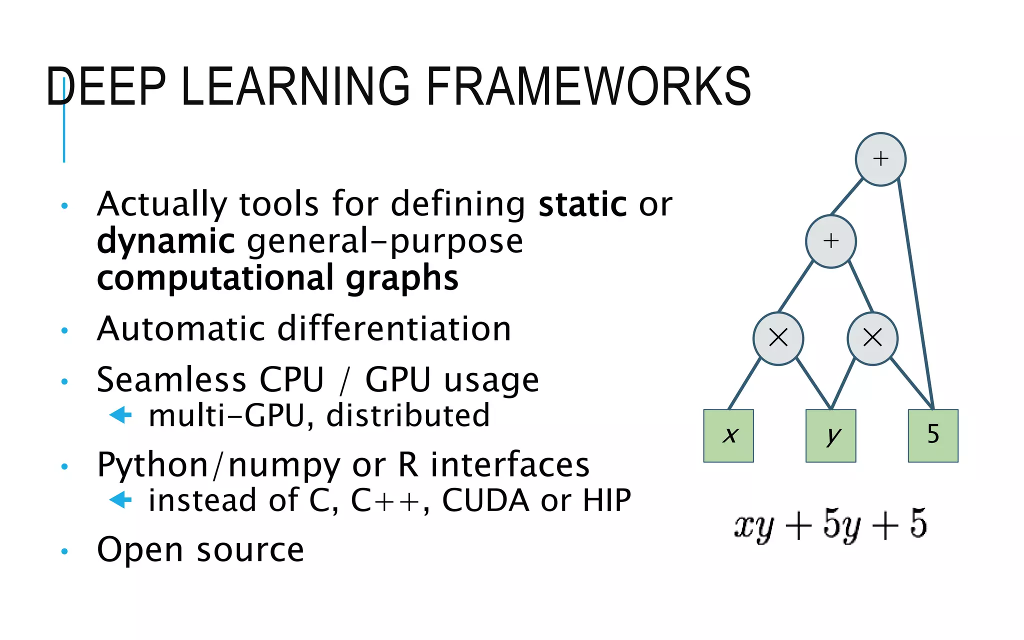 DEEP LEARNING FRAMEWORKS
• Actually tools for defining static or
dynamic general-purpose
computational graphs
• Automatic differentiation
• Seamless CPU / GPU usage
 multi-GPU, distributed
• Python/numpy or R interfaces
 instead of C, C++, CUDA or HIP
• Open source
✕
x y 5
✕
+
+
 