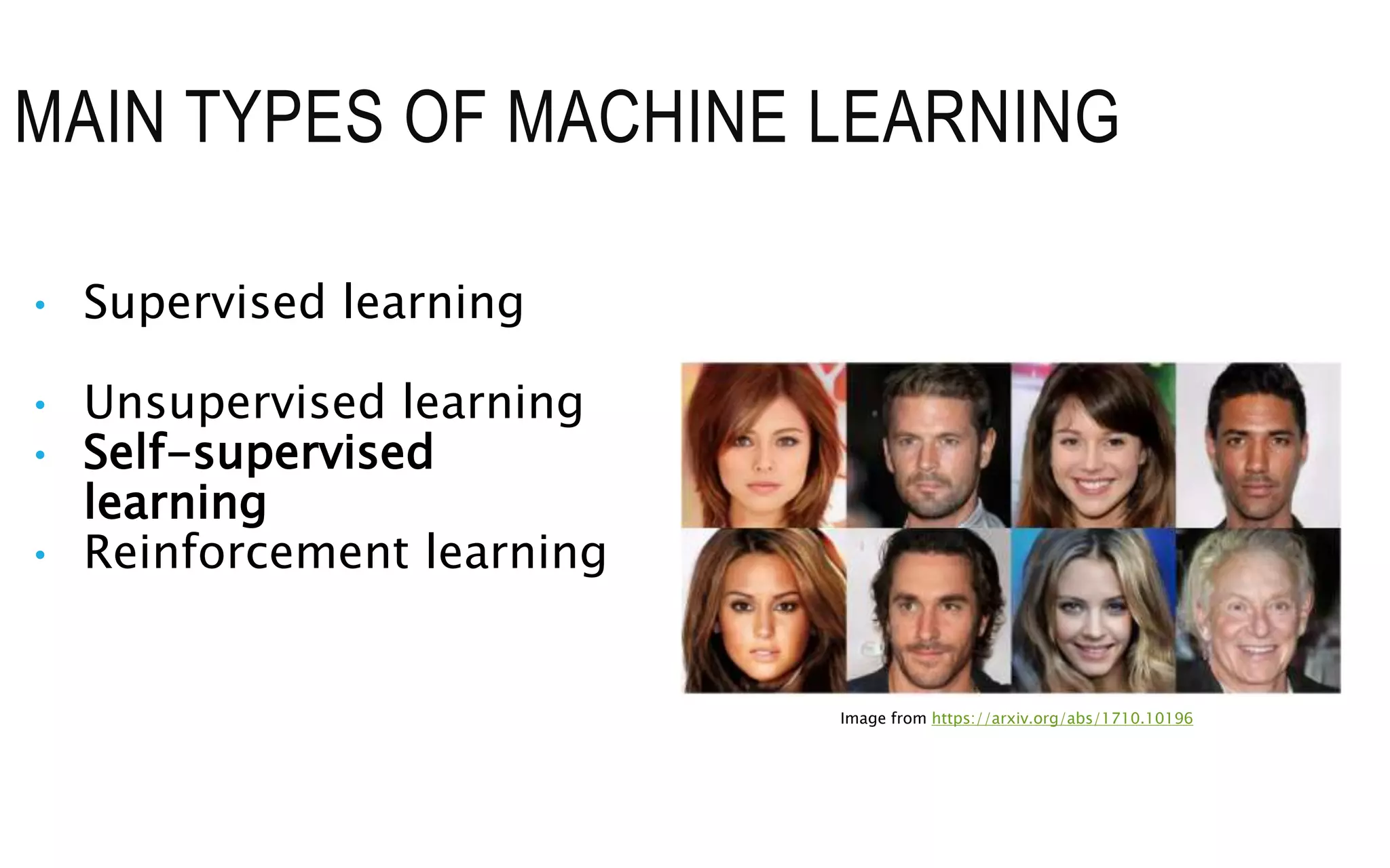 MAIN TYPES OF MACHINE LEARNING
• Supervised learning
• Unsupervised learning
• Self-supervised
learning
• Reinforcement learning
Image from https://arxiv.org/abs/1710.10196
 