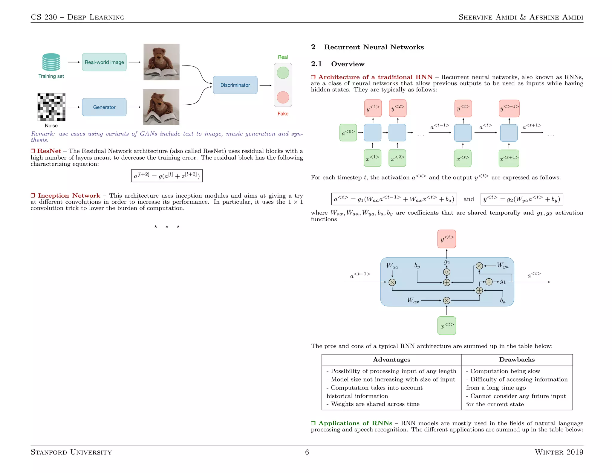CS 230 – Deep Learning Shervine Amidi  Afshine Amidi
Remark: use cases using variants of GANs include text to image, music generation and syn-
thesis.
r ResNet – The Residual Network architecture (also called ResNet) uses residual blocks with a
high number of layers meant to decrease the training error. The residual block has the following
characterizing equation:
a[l+2]
= g(a[l]
+ z[l+2]
)
r Inception Network – This architecture uses inception modules and aims at giving a try
at different convolutions in order to increase its performance. In particular, it uses the 1 × 1
convolution trick to lower the burden of computation.
? ? ?
2 Recurrent Neural Networks
2.1 Overview
r Architecture of a traditional RNN – Recurrent neural networks, also known as RNNs,
are a class of neural networks that allow previous outputs to be used as inputs while having
hidden states. They are typically as follows:
For each timestep t, the activation at and the output yt are expressed as follows:
at
= g1(Waaat−1
+ Waxxt
+ ba) and yt
= g2(Wyaat
+ by)
where Wax, Waa, Wya, ba, by are coefficients that are shared temporally and g1, g2 activation
functions
The pros and cons of a typical RNN architecture are summed up in the table below:
Advantages Drawbacks
- Possibility of processing input of any length
- Model size not increasing with size of input
- Computation takes into account
historical information
- Weights are shared across time
- Computation being slow
- Difficulty of accessing information
from a long time ago
- Cannot consider any future input
for the current state
r Applications of RNNs – RNN models are mostly used in the fields of natural language
processing and speech recognition. The different applications are summed up in the table below:
Stanford University 6 Winter 2019
 