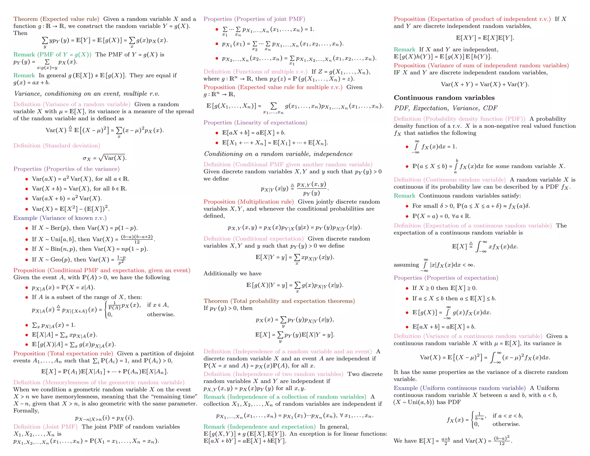 Theorem (Expected value rule) Given a random variable X and a
function g ∶ R → R, we construct the random variable Y = g(X).
Then
∑
y
ypY (y) = E[Y ] = E [g(X)] = ∑
x
g(x)pX (x).
Remark (PMF of Y = g(X)) The PMF of Y = g(X) is
pY (y) = ∑
x∶g(x)=y
pX (x).
Remark In general g (E[X]) ≠ E [g(X)]. They are equal if
g(x) = ax + b.
Variance, conditioning on an event, multiple r.v.
Definition (Variance of a random variable) Given a random
variable X with µ = E[X], its variance is a measure of the spread
of the random variable and is defined as
Var(X)
△
= E [(X − µ)2
] = ∑
x
(x − µ)2
pX (x).
Definition (Standard deviation)
σX =
√
Var(X).
Properties (Properties of the variance)
• Var(aX) = a2 Var(X), for all a ∈ R.
• Var(X + b) = Var(X), for all b ∈ R.
• Var(aX + b) = a2 Var(X).
• Var(X) = E[X2] − (E[X])2
.
Example (Variance of known r.v.)
• If X ∼ Ber(p), then Var(X) = p(1 − p).
• If X ∼ Uni[a, b], then Var(X) =
(b−a)(b−a+2)
12
.
• If X ∼ Bin(n, p), then Var(X) = np(1 − p).
• If X ∼ Geo(p), then Var(X) = 1−p
p2
Proposition (Conditional PMF and expectation, given an event)
Given the event A, with P(A) > 0, we have the following
• pX∣A(x) = P(X = x∣A).
• If A is a subset of the range of X, then:
pX∣A(x)
△
= pX∣{X∈A}(x) =
⎧
⎪
⎪
⎨
⎪
⎪
⎩
1
P(A)
pX (x), if x ∈ A,
0, otherwise.
• ∑x pX∣A(x) = 1.
• E[X∣A] = ∑x xpX∣A(x).
• E [g(X)∣A] = ∑x g(x)pX∣A(x).
Proposition (Total expectation rule) Given a partition of disjoint
events A1, . . . , An such that ∑i P(Ai) = 1, and P(Ai) > 0,
E[X] = P(A1)E[X∣A1] + ⋯ + P(An)E[X∣An].
Definition (Memorylessness of the geometric random variable)
When we condition a geometric random variable X on the event
X > n we have memorylessness, meaning that the “remaining time”
X − n, given that X > n, is also geometric with the same parameter.
Formally,
pX−n∣X>n(i) = pX (i).
Definition (Joint PMF) The joint PMF of random variables
X1, X2, . . . , Xn is
pX1,X2,...,Xn (x1, . . . , xn) = P(X1 = x1, . . . , Xn = xn).
Properties (Properties of joint PMF)
• ∑
x1
⋯ ∑
xn
pX1,...,Xn (x1, . . . , xn) = 1.
• pX1
(x1) = ∑
x2
⋯ ∑
xn
pX1,...,Xn (x1, x2, . . . , xn).
• pX2,...,Xn (x2, . . . , xn) = ∑
x1
pX1,X2,...,Xn (x1, x2, . . . , xn).
Definition (Functions of multiple r.v.) If Z = g(X1, . . . , Xn),
where g ∶ Rn → R, then pZ (z) = P (g(X1, . . . , Xn) = z).
Proposition (Expected value rule for multiple r.v.) Given
g ∶ Rn → R,
E [g(X1, . . . , Xn)] = ∑
x1,...,xn
g(x1, . . . , xn)pX1,...,Xn (x1, . . . , xn).
Properties (Linearity of expectations)
• E[aX + b] = aE[X] + b.
• E[X1 + ⋯ + Xn] = E[X1] + ⋯ + E[Xn].
Conditioning on a random variable, independence
Definition (Conditional PMF given another random variable)
Given discrete random variables X, Y and y such that pY (y) > 0
we define
pX∣Y (x∣y)
△
=
pX,Y (x, y)
pY (y)
.
Proposition (Multiplication rule) Given jointly discrete random
variables X, Y , and whenever the conditional probabilities are
defined,
pX,Y (x, y) = pX (x)pY ∣X (y∣x) = pY (y)pX∣Y (x∣y).
Definition (Conditional expectation) Given discrete random
variables X, Y and y such that pY (y) > 0 we define
E[X∣Y = y] = ∑
x
xpX∣Y (x∣y).
Additionally we have
E [g(X)∣Y = y] = ∑
x
g(x)pX∣Y (x∣y).
Theorem (Total probability and expectation theorems)
If pY (y) > 0, then
pX (x) = ∑
y
pY (y)pX∣Y (x∣y),
E[X] = ∑
y
pY (y)E[X∣Y = y].
Definition (Independence of a random variable and an event) A
discrete random variable X and an event A are independent if
P(X = x and A) = pX (x)P(A), for all x.
Definition (Independence of two random variables) Two discrete
random variables X and Y are independent if
pX,Y (x, y) = pX (x)pY (y) for all x, y.
Remark (Independence of a collection of random variables) A
collection X1, X2, . . . , Xn of random variables are independent if
pX1,...,Xn (x1, . . . , xn) = pX1
(x1)⋯pXn (xn), ∀ x1, . . . , xn.
Remark (Independence and expectation) In general,
E [g(X, Y )] ≠ g (E[X], E[Y ]). An exception is for linear functions:
E[aX + bY ] = aE[X] + bE[Y ].
Proposition (Expectation of product of independent r.v.) If X
and Y are discrete independent random variables,
E[XY ] = E[X]E[Y ].
Remark If X and Y are independent,
E [g(X)h(Y )] = E [g(X)] E [h(Y )].
Proposition (Variance of sum of independent random variables)
IF X and Y are discrete independent random variables,
Var(X + Y ) = Var(X) + Var(Y ).
Continuous random variables
PDF, Expectation, Variance, CDF
Definition (Probability density function (PDF)) A probability
density function of a r.v. X is a non-negative real valued function
fX that satisfies the following
•
∞
∫
−∞
fX (x)dx = 1.
• P(a ≤ X ≤ b) =
b
∫
a
fX (x)dx for some random variable X.
Definition (Continuous random variable) A random variable X is
continuous if its probability law can be described by a PDF fX .
Remark Continuous random variables satisfy:
• For small δ > 0, P(a ≤ X ≤ a + δ) ≈ fX (a)δ.
• P(X = a) = 0, ∀a ∈ R.
Definition (Expectation of a continuous random variable) The
expectation of a continuous random variable is
E[X]
△
= ∫
∞
−∞
xfX (x)dx.
assuming
∞
∫
−∞
∣x∣fX (x)dx < ∞.
Properties (Properties of expectation)
• If X ≥ 0 then E[X] ≥ 0.
• If a ≤ X ≤ b then a ≤ E[X] ≤ b.
• E [g(X)] =
∞
∫
−∞
g(x)fX (x)dx.
• E[aX + b] = aE[X] + b.
Definition (Variance of a continuous random variable) Given a
continuous random variable X with µ = E[X], its variance is
Var(X) = E [(X − µ)2
] = ∫
∞
−∞
(x − µ)2
fX (x)dx.
It has the same properties as the variance of a discrete random
variable.
Example (Uniform continuous random variable) A Uniform
continuous random variable X between a and b, with a < b,
(X ∼ Uni(a, b)) has PDF
fX (x) =
⎧
⎪
⎪
⎨
⎪
⎪
⎩
1
b−a
, if a < x < b,
0, otherwise.
We have E[X] = a+b
2
and Var(X) =
(b−a)2
12
.
 