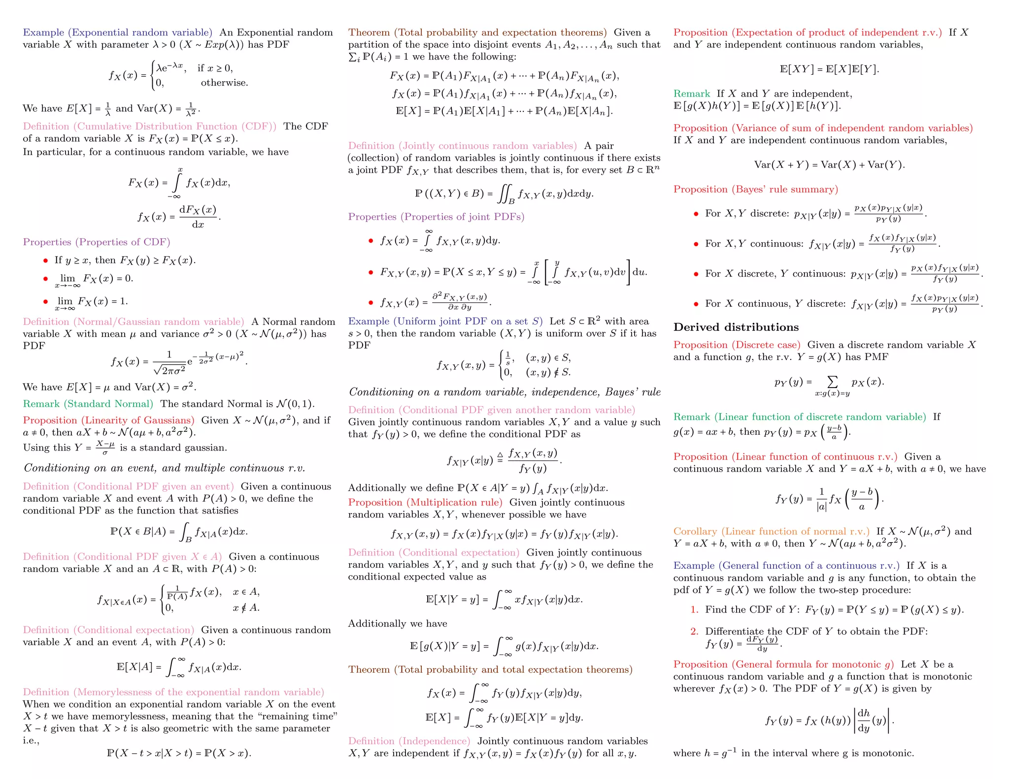 Example (Exponential random variable) An Exponential random
variable X with parameter λ > 0 (X ∼ Exp(λ)) has PDF
fX (x) =
⎧
⎪
⎪
⎨
⎪
⎪
⎩
λe−λx, if x ≥ 0,
0, otherwise.
We have E[X] = 1
λ
and Var(X) = 1
λ2 .
Definition (Cumulative Distribution Function (CDF)) The CDF
of a random variable X is FX (x) = P(X ≤ x).
In particular, for a continuous random variable, we have
FX (x) =
x
∫
−∞
fX (x)dx,
fX (x) =
dFX (x)
dx
.
Properties (Properties of CDF)
• If y ≥ x, then FX (y) ≥ FX (x).
• lim
x→−∞
FX (x) = 0.
• lim
x→∞
FX (x) = 1.
Definition (Normal/Gaussian random variable) A Normal random
variable X with mean µ and variance σ2 > 0 (X ∼ N(µ, σ2)) has
PDF
fX (x) =
1
√
2πσ2
e
− 1
2σ2 (x−µ)2
.
We have E[X] = µ and Var(X) = σ2.
Remark (Standard Normal) The standard Normal is N(0, 1).
Proposition (Linearity of Gaussians) Given X ∼ N(µ, σ2), and if
a ≠ 0, then aX + b ∼ N(aµ + b, a2σ2).
Using this Y = X−µ
σ
is a standard gaussian.
Conditioning on an event, and multiple continuous r.v.
Definition (Conditional PDF given an event) Given a continuous
random variable X and event A with P(A) > 0, we define the
conditional PDF as the function that satisfies
P(X ∈ B∣A) = ∫
B
fX∣A(x)dx.
Definition (Conditional PDF given X ∈ A) Given a continuous
random variable X and an A ⊂ R, with P(A) > 0:
fX∣X∈A(x) =
⎧
⎪
⎪
⎨
⎪
⎪
⎩
1
P(A)
fX (x), x ∈ A,
0, x /
∈ A.
Definition (Conditional expectation) Given a continuous random
variable X and an event A, with P(A) > 0:
E[X∣A] = ∫
∞
−∞
fX∣A(x)dx.
Definition (Memorylessness of the exponential random variable)
When we condition an exponential random variable X on the event
X > t we have memorylessness, meaning that the “remaining time”
X − t given that X > t is also geometric with the same parameter
i.e.,
P(X − t > x∣X > t) = P(X > x).
Theorem (Total probability and expectation theorems) Given a
partition of the space into disjoint events A1, A2, . . . , An such that
∑i P(Ai) = 1 we have the following:
FX (x) = P(A1)FX∣A1
(x) + ⋯ + P(An)FX∣An
(x),
fX (x) = P(A1)fX∣A1
(x) + ⋯ + P(An)fX∣An
(x),
E[X] = P(A1)E[X∣A1] + ⋯ + P(An)E[X∣An].
Definition (Jointly continuous random variables) A pair
(collection) of random variables is jointly continuous if there exists
a joint PDF fX,Y that describes them, that is, for every set B ⊂ Rn
P ((X, Y ) ∈ B) = ∬
B
fX,Y (x, y)dxdy.
Properties (Properties of joint PDFs)
• fX (x) =
∞
∫
−∞
fX,Y (x, y)dy.
• FX,Y (x, y) = P(X ≤ x, Y ≤ y) =
x
∫
−∞
[
y
∫
−∞
fX,Y (u, v)dv] du.
• fX,Y (x) =
∂2
FX,Y (x,y)
∂x ∂y
.
Example (Uniform joint PDF on a set S) Let S ⊂ R2 with area
s > 0, then the random variable (X, Y ) is uniform over S if it has
PDF
fX,Y (x, y) =
⎧
⎪
⎪
⎨
⎪
⎪
⎩
1
s
, (x, y) ∈ S,
0, (x, y) /
∈ S.
Conditioning on a random variable, independence, Bayes’ rule
Definition (Conditional PDF given another random variable)
Given jointly continuous random variables X, Y and a value y such
that fY (y) > 0, we define the conditional PDF as
fX∣Y (x∣y)
△
=
fX,Y (x, y)
fY (y)
.
Additionally we define P(X ∈ A∣Y = y) ∫A fX∣Y (x∣y)dx.
Proposition (Multiplication rule) Given jointly continuous
random variables X, Y , whenever possible we have
fX,Y (x, y) = fX (x)fY ∣X (y∣x) = fY (y)fX∣Y (x∣y).
Definition (Conditional expectation) Given jointly continuous
random variables X, Y , and y such that fY (y) > 0, we define the
conditional expected value as
E[X∣Y = y] = ∫
∞
−∞
xfX∣Y (x∣y)dx.
Additionally we have
E [g(X)∣Y = y] = ∫
∞
−∞
g(x)fX∣Y (x∣y)dx.
Theorem (Total probability and total expectation theorems)
fX (x) = ∫
∞
−∞
fY (y)fX∣Y (x∣y)dy,
E[X] = ∫
∞
−∞
fY (y)E[X∣Y = y]dy.
Definition (Independence) Jointly continuous random variables
X, Y are independent if fX,Y (x, y) = fX (x)fY (y) for all x, y.
Proposition (Expectation of product of independent r.v.) If X
and Y are independent continuous random variables,
E[XY ] = E[X]E[Y ].
Remark If X and Y are independent,
E [g(X)h(Y )] = E [g(X)] E [h(Y )].
Proposition (Variance of sum of independent random variables)
If X and Y are independent continuous random variables,
Var(X + Y ) = Var(X) + Var(Y ).
Proposition (Bayes’ rule summary)
• For X, Y discrete: pX∣Y (x∣y) =
pX (x)pY ∣X (y∣x)
pY (y)
.
• For X, Y continuous: fX∣Y (x∣y) =
fX (x)fY ∣X (y∣x)
fY (y)
.
• For X discrete, Y continuous: pX∣Y (x∣y) =
pX (x)fY ∣X (y∣x)
fY (y)
.
• For X continuous, Y discrete: fX∣Y (x∣y) =
fX (x)pY ∣X (y∣x)
pY (y)
.
Derived distributions
Proposition (Discrete case) Given a discrete random variable X
and a function g, the r.v. Y = g(X) has PMF
pY (y) = ∑
x∶g(x)=y
pX (x).
Remark (Linear function of discrete random variable) If
g(x) = ax + b, then pY (y) = pX (y−b
a
).
Proposition (Linear function of continuous r.v.) Given a
continuous random variable X and Y = aX + b, with a ≠ 0, we have
fY (y) =
1
∣a∣
fX (
y − b
a
) .
Corollary (Linear function of normal r.v.) If X ∼ N(µ, σ2) and
Y = aX + b, with a ≠ 0, then Y ∼ N(aµ + b, a2σ2).
Example (General function of a continuous r.v.) If X is a
continuous random variable and g is any function, to obtain the
pdf of Y = g(X) we follow the two-step procedure:
1. Find the CDF of Y : FY (y) = P(Y ≤ y) = P (g(X) ≤ y).
2. Differentiate the CDF of Y to obtain the PDF:
fY (y) =
dFY (y)
dy
.
Proposition (General formula for monotonic g) Let X be a
continuous random variable and g a function that is monotonic
wherever fX (x) > 0. The PDF of Y = g(X) is given by
fY (y) = fX (h(y)) ∣
dh
dy
(y)∣ .
where h = g−1 in the interval where g is monotonic.
 