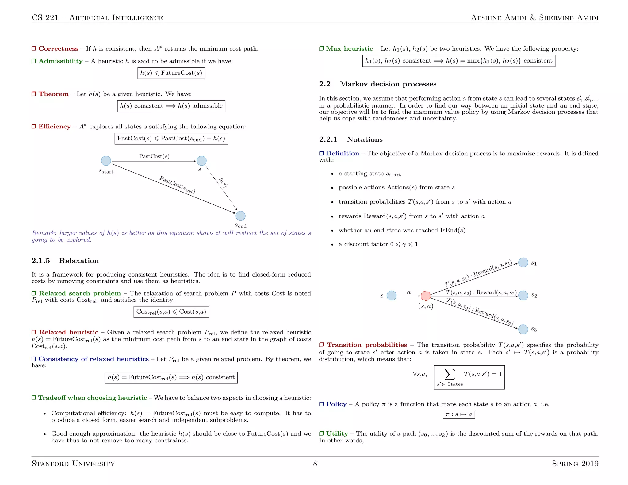 CS 221 – Artificial Intelligence Afshine Amidi  Shervine Amidi
r Correctness – If h is consistent, then A∗ returns the minimum cost path.
r Admissibility – A heuristic h is said to be admissible if we have:
h(s) 6 FutureCost(s)
r Theorem – Let h(s) be a given heuristic. We have:
h(s) consistent =⇒ h(s) admissible
r Efficiency – A∗ explores all states s satisfying the following equation:
PastCost(s) 6 PastCost(send) − h(s)
Remark: larger values of h(s) is better as this equation shows it will restrict the set of states s
going to be explored.
2.1.5 Relaxation
It is a framework for producing consistent heuristics. The idea is to find closed-form reduced
costs by removing constraints and use them as heuristics.
r Relaxed search problem – The relaxation of search problem P with costs Cost is noted
Prel with costs Costrel, and satisfies the identity:
Costrel(s,a) 6 Cost(s,a)
r Relaxed heuristic – Given a relaxed search problem Prel, we define the relaxed heuristic
h(s) = FutureCostrel(s) as the minimum cost path from s to an end state in the graph of costs
Costrel(s,a).
r Consistency of relaxed heuristics – Let Prel be a given relaxed problem. By theorem, we
have:
h(s) = FutureCostrel(s) =⇒ h(s) consistent
r Tradeoff when choosing heuristic – We have to balance two aspects in choosing a heuristic:
• Computational efficiency: h(s) = FutureCostrel(s) must be easy to compute. It has to
produce a closed form, easier search and independent subproblems.
• Good enough approximation: the heuristic h(s) should be close to FutureCost(s) and we
have thus to not remove too many constraints.
r Max heuristic – Let h1(s), h2(s) be two heuristics. We have the following property:
h1(s), h2(s) consistent =⇒ h(s) = max{h1(s), h2(s)} consistent
2.2 Markov decision processes
In this section, we assume that performing action a from state s can lead to several states s0
1,s0
2,...
in a probabilistic manner. In order to find our way between an initial state and an end state,
our objective will be to find the maximum value policy by using Markov decision processes that
help us cope with randomness and uncertainty.
2.2.1 Notations
r Definition – The objective of a Markov decision process is to maximize rewards. It is defined
with:
• a starting state sstart
• possible actions Actions(s) from state s
• transition probabilities T(s,a,s0) from s to s0 with action a
• rewards Reward(s,a,s0) from s to s0 with action a
• whether an end state was reached IsEnd(s)
• a discount factor 0 6 γ 6 1
r Transition probabilities – The transition probability T(s,a,s0) specifies the probability
of going to state s0 after action a is taken in state s. Each s0 7→ T(s,a,s0) is a probability
distribution, which means that:
∀s,a,
X
s0∈ States
T(s,a,s0
) = 1
r Policy – A policy π is a function that maps each state s to an action a, i.e.
π : s 7→ a
r Utility – The utility of a path (s0, ..., sk) is the discounted sum of the rewards on that path.
In other words,
Stanford University 8 Spring 2019
 