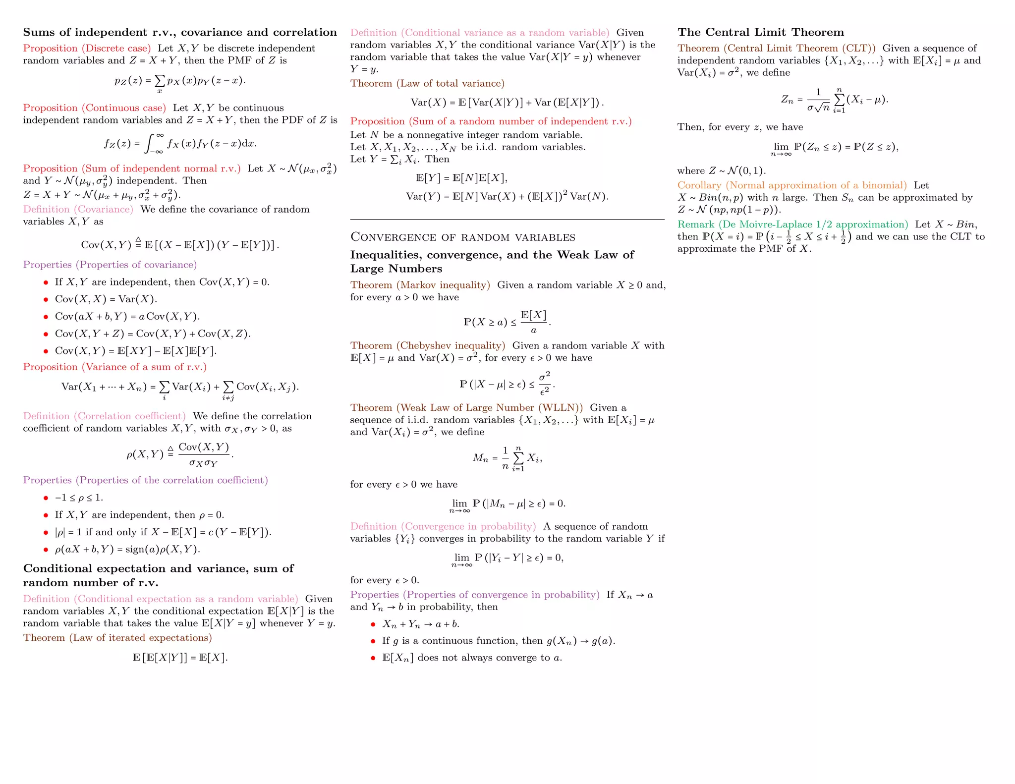 Sums of independent r.v., covariance and correlation
Proposition (Discrete case) Let X, Y be discrete independent
random variables and Z = X + Y , then the PMF of Z is
pZ (z) = ∑
x
pX (x)pY (z − x).
Proposition (Continuous case) Let X, Y be continuous
independent random variables and Z = X +Y , then the PDF of Z is
fZ (z) = ∫
∞
−∞
fX (x)fY (z − x)dx.
Proposition (Sum of independent normal r.v.) Let X ∼ N(µx, σ2
x)
and Y ∼ N(µy, σ2
y) independent. Then
Z = X + Y ∼ N(µx + µy, σ2
x + σ2
y).
Definition (Covariance) We define the covariance of random
variables X, Y as
Cov(X, Y )
△
= E [(X − E[X]) (Y − E[Y ])] .
Properties (Properties of covariance)
• If X, Y are independent, then Cov(X, Y ) = 0.
• Cov(X, X) = Var(X).
• Cov(aX + b, Y ) = a Cov(X, Y ).
• Cov(X, Y + Z) = Cov(X, Y ) + Cov(X, Z).
• Cov(X, Y ) = E[XY ] − E[X]E[Y ].
Proposition (Variance of a sum of r.v.)
Var(X1 + ⋯ + Xn) = ∑
i
Var(Xi) + ∑
i≠j
Cov(Xi, Xj).
Definition (Correlation coefficient) We define the correlation
coefficient of random variables X, Y , with σX , σY > 0, as
ρ(X, Y )
△
=
Cov(X, Y )
σX σY
.
Properties (Properties of the correlation coefficient)
• −1 ≤ ρ ≤ 1.
• If X, Y are independent, then ρ = 0.
• ∣ρ∣ = 1 if and only if X − E[X] = c (Y − E[Y ]).
• ρ(aX + b, Y ) = sign(a)ρ(X, Y ).
Conditional expectation and variance, sum of
random number of r.v.
Definition (Conditional expectation as a random variable) Given
random variables X, Y the conditional expectation E[X∣Y ] is the
random variable that takes the value E[X∣Y = y] whenever Y = y.
Theorem (Law of iterated expectations)
E [E[X∣Y ]] = E[X].
Definition (Conditional variance as a random variable) Given
random variables X, Y the conditional variance Var(X∣Y ) is the
random variable that takes the value Var(X∣Y = y) whenever
Y = y.
Theorem (Law of total variance)
Var(X) = E [Var(X∣Y )] + Var (E[X∣Y ]) .
Proposition (Sum of a random number of independent r.v.)
Let N be a nonnegative integer random variable.
Let X, X1, X2, . . . , XN be i.i.d. random variables.
Let Y = ∑i Xi. Then
E[Y ] = E[N]E[X],
Var(Y ) = E[N] Var(X) + (E[X])2
Var(N).
Convergence of random variables
Inequalities, convergence, and the Weak Law of
Large Numbers
Theorem (Markov inequality) Given a random variable X ≥ 0 and,
for every a > 0 we have
P(X ≥ a) ≤
E[X]
a
.
Theorem (Chebyshev inequality) Given a random variable X with
E[X] = µ and Var(X) = σ2, for every   0 we have
P (∣X − µ∣ ≥ ) ≤
σ2
2
.
Theorem (Weak Law of Large Number (WLLN)) Given a
sequence of i.i.d. random variables {X1, X2, . . .} with E[Xi] = µ
and Var(Xi) = σ2, we define
Mn =
1
n
n
∑
i=1
Xi,
for every   0 we have
lim
n→∞
P (∣Mn − µ∣ ≥ ) = 0.
Definition (Convergence in probability) A sequence of random
variables {Yi} converges in probability to the random variable Y if
lim
n→∞
P (∣Yi − Y ∣ ≥ ) = 0,
for every   0.
Properties (Properties of convergence in probability) If Xn → a
and Yn → b in probability, then
• Xn + Yn → a + b.
• If g is a continuous function, then g(Xn) → g(a).
• E[Xn] does not always converge to a.
The Central Limit Theorem
Theorem (Central Limit Theorem (CLT)) Given a sequence of
independent random variables {X1, X2, . . .} with E[Xi] = µ and
Var(Xi) = σ2, we define
Zn =
1
σ
√
n
n
∑
i=1
(Xi − µ).
Then, for every z, we have
lim
n→∞
P(Zn ≤ z) = P(Z ≤ z),
where Z ∼ N(0, 1).
Corollary (Normal approximation of a binomial) Let
X ∼ Bin(n, p) with n large. Then Sn can be approximated by
Z ∼ N (np, np(1 − p)).
Remark (De Moivre-Laplace 1/2 approximation) Let X ∼ Bin,
then P(X = i) = P (i − 1
2
≤ X ≤ i + 1
2
) and we can use the CLT to
approximate the PMF of X.
 