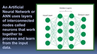 An Artificial
Neural Network or
ANN uses layers
of interconnected
nodes called
neurons that work
together to
process and learn
from the input
data.
 
