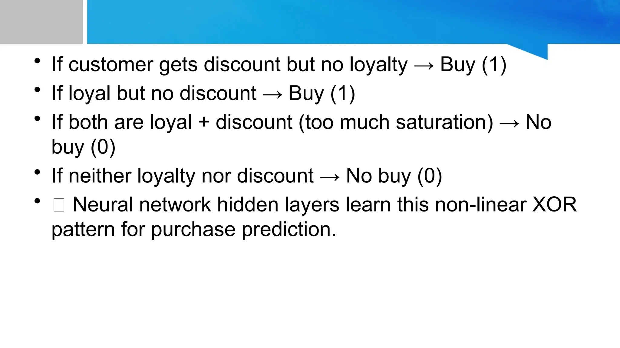 • If customer gets discount but no loyalty → Buy (1) • If loyal but no discount → Buy (1) • If both are loyal + discount (too much saturation) → No buy (0) • If neither loyalty nor discount → No buy (0) • ✅ Neural network hidden layers learn this non-linear XOR pattern for purchase prediction. 