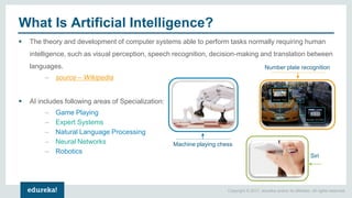 Copyright © 2017, edureka and/or its affiliates. All rights reserved.
What Is Artificial Intelligence?
 The theory and development of computer systems able to perform tasks normally requiring human
intelligence, such as visual perception, speech recognition, decision-making and translation between
languages.
– source – Wikipedia
 AI includes following areas of Specialization:
– Game Playing
– Expert Systems
– Natural Language Processing
– Neural Networks
– Robotics
Machine playing chess
Siri
Number plate recognition
 