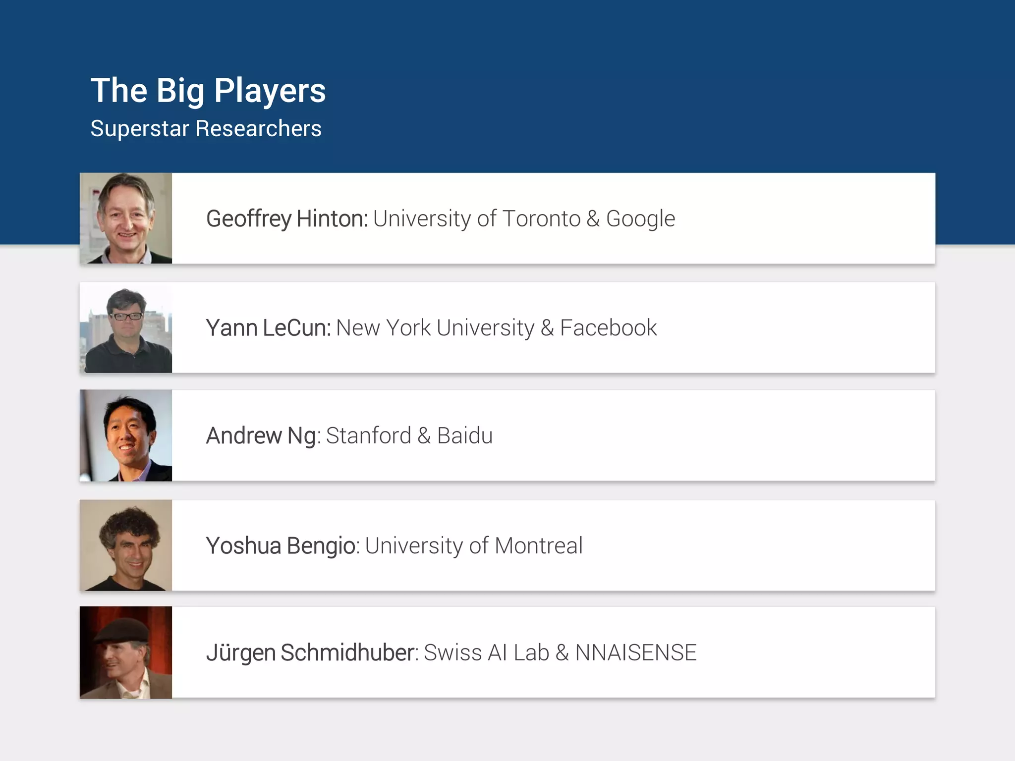 The Big Players
Superstar Researchers
Geoffrey Hinton: University of Toronto & Google
Yann LeCun: New York University & Facebook
Andrew Ng: Stanford & Baidu
Yoshua Bengio: University of Montreal
Jürgen Schmidhuber: Swiss AI Lab & NNAISENSE
 