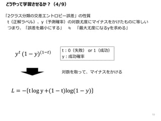 どうやって学習させるか？（4/9）
「2クラス分類の交差エントロピー誤差」の性質
t（正解ラベル）、y（予測確率）の対数尤度にマイナスをかけたものに等しい
つまり、「誤差を最小にする」 ≒ 「最大尤度になるyを求める」
𝐿 = − t log y +(1 − t)log(1 − 𝑦)
𝑦 𝑡 (1 − 𝑦)(1−𝑡)
対数を取って、マイナスをかける
t : 0（失敗） or 1（成功）
y：成功確率
11
 