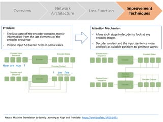 Overview
Network
Architecture
Loss Function
Improvement
Techniques
Problem:
- The last state of the encoder contains mostly
information from the last elements of the
encoder sequence
- Inverse Input Sequence helps in some cases
How are you ?
I am fine .
Attention Mechanism:
- Allow each stage in decoder to look at any
encoder stages
- Decoder understand the input sentence more
and look at suitable positions to generate words
Neural Machine Translation by Jointly Learning to Align and Translate: https://arxiv.org/abs/1409.0473
 