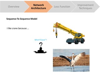 Overview
Network
Architecture
Loss Function
Improvement
Techniques
Which“Crane”?
I like crane because …
Sequence To Sequence Model
 