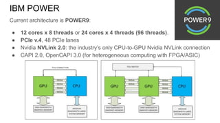 Current architecture is POWER9:
● 12 cores x 8 threads or 24 cores x 4 threads (96 threads).
● PCIe v.4, 48 PCIe lanes
● Nvidia NVLink 2.0: the industry’s only CPU-to-GPU Nvidia NVLink connection
● CAPI 2.0, OpenCAPI 3.0 (for heterogeneous computing with FPGA/ASIC)
IBM POWER
 