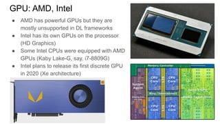 ● AMD has powerful GPUs but they are
mostly unsupported in DL frameworks
● Intel has its own GPUs on the processor
(HD Graphics)
● Some Intel CPUs were equipped with AMD
GPUs (Kaby Lake-G, say, i7-8809G)
● Intel plans to release its first discrete GPU
in 2020 (Xe architecture)
GPU: AMD, Intel
 