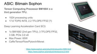 ASIC: Bitmain Sophon
Tensor Computing Processor BM1684 is a
third generation TPU.
● 1024 processing units
● 17.6 TOPS INT8, 2.2 TFLOPS FP32 (?)
Deep Learning Acceleration Card SC3:
● 1x BM1682 (2nd gen TPU), 3 TFLOPS FP32,
3 GB, PCIe 3.0 x8
● Max Power: 65W
● Caffe/TensorFlow/Pytorch/Mxnet
https://www.sophon.ai/product/introduce/bm1684.html
https://www.sophon.ai/product/introduce/sc3.html
 