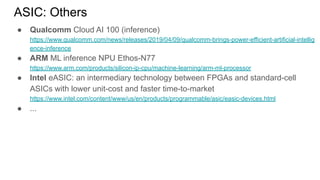 ASIC: Others
● Qualcomm Cloud AI 100 (inference)
https://www.qualcomm.com/news/releases/2019/04/09/qualcomm-brings-power-efficient-artificial-intellig
ence-inference
● ARM ML inference NPU Ethos-N77
https://www.arm.com/products/silicon-ip-cpu/machine-learning/arm-ml-processor
● Intel eASIC: an intermediary technology between FPGAs and standard-cell
ASICs with lower unit-cost and faster time-to-market
https://www.intel.com/content/www/us/en/products/programmable/asic/easic-devices.html
● ...
 