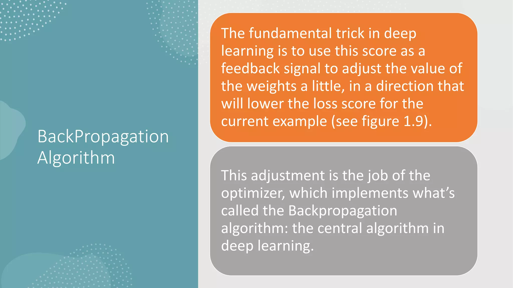 BackPropagation
Algorithm
The fundamental trick in deep
learning is to use this score as a
feedback signal to adjust the value of
the weights a little, in a direction that
will lower the loss score for the
current example (see figure 1.9).
This adjustment is the job of the
optimizer, which implements what’s
called the Backpropagation
algorithm: the central algorithm in
deep learning.
 