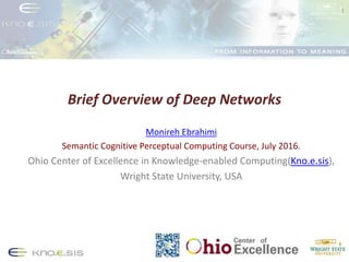 Brief Overview of Deep Networks
Monireh Ebrahimi
Semantic Cognitive Perceptual Computing Course, July 2016.
Ohio Center of Excellence in Knowledge-enabled Computing(Kno.e.sis),
Wright State University, USA
1
 