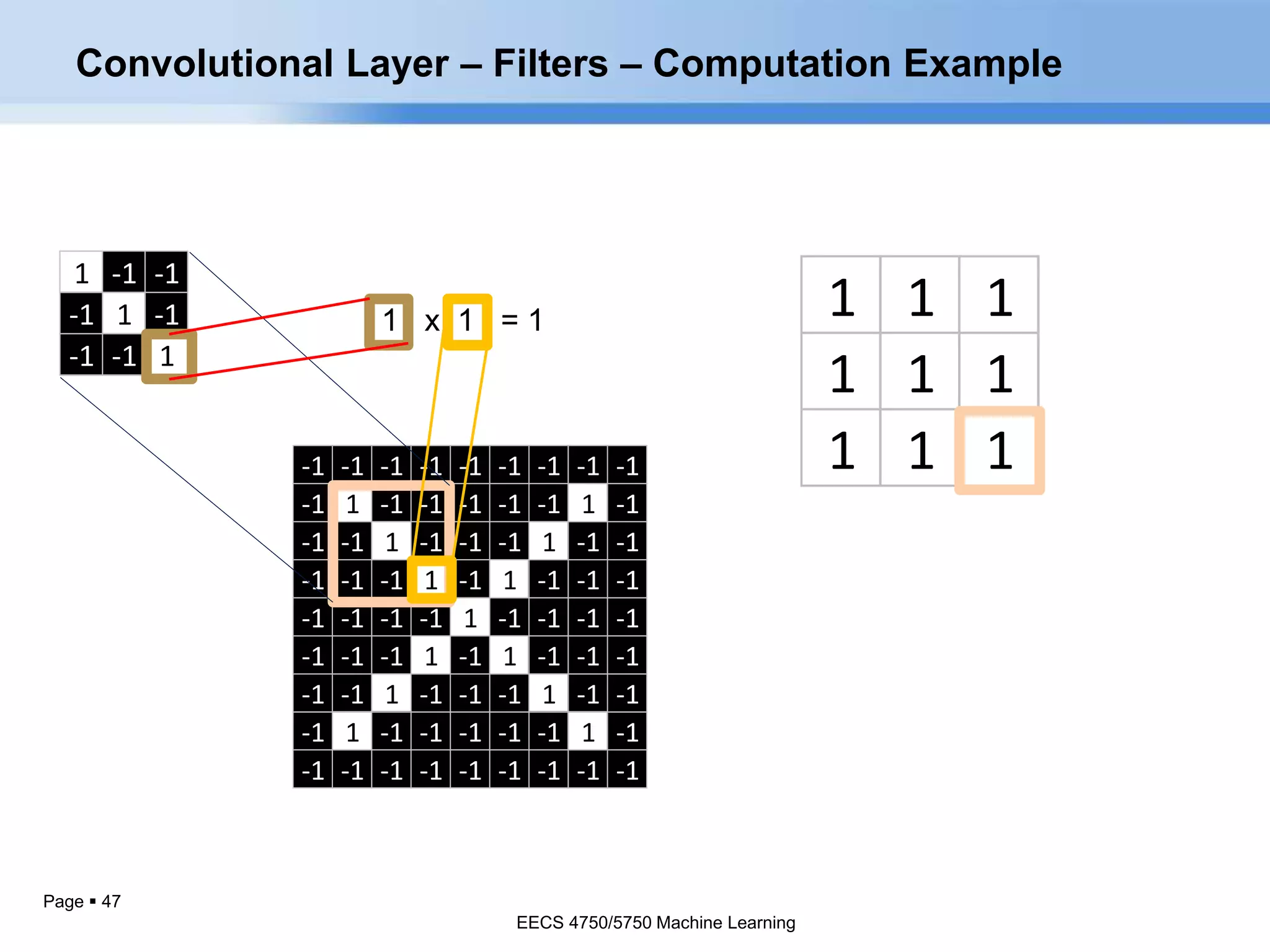 Page  47
1 1 1
1 1 1
1 1 1
1 -1 -1
-1 1 -1
-1 -1 1
-1 -1 -1 -1 -1 -1 -1 -1 -1
-1 1 -1 -1 -1 -1 -1 1 -1
-1 -1 1 -1 -1 -1 1 -1 -1
-1 -1 -1 1 -1 1 -1 -1 -1
-1 -1 -1 -1 1 -1 -1 -1 -1
-1 -1 -1 1 -1 1 -1 -1 -1
-1 -1 1 -1 -1 -1 1 -1 -1
-1 1 -1 -1 -1 -1 -1 1 -1
-1 -1 -1 -1 -1 -1 -1 -1 -1
Convolutional Layer – Filters – Computation Example
EECS 4750/5750 Machine Learning
 