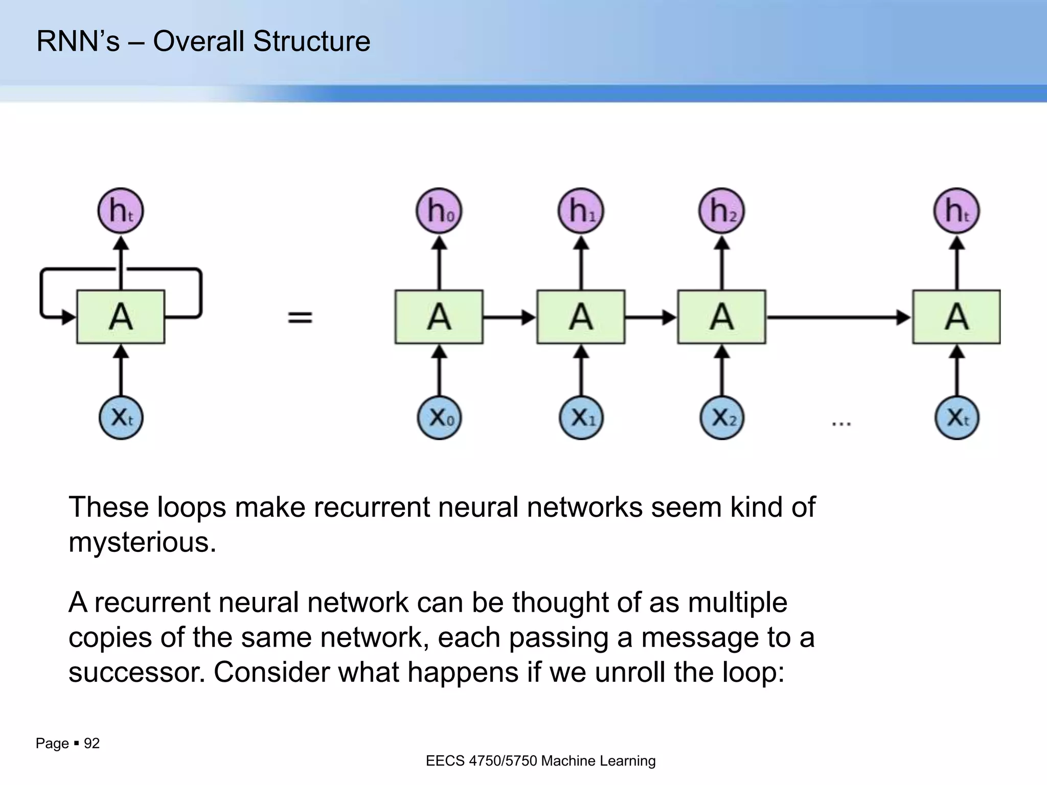 Page  92
RNN’s – Overall Structure
These loops make recurrent neural networks seem kind of
mysterious.
A recurrent neural network can be thought of as multiple
copies of the same network, each passing a message to a
successor. Consider what happens if we unroll the loop:
EECS 4750/5750 Machine Learning
 
