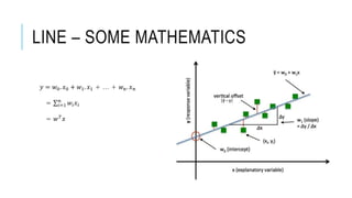 LINE – SOME MATHEMATICS
𝑦 = 𝑤0. 𝑥0 + 𝑤1. 𝑥1 + … + 𝑤 𝑛. 𝑥 𝑛
= 𝑖=1
𝑛
𝑤𝑖 𝑥𝑖
= 𝑤 𝑇 𝑥
 