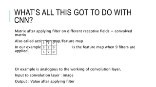 WHAT’S ALL THIS GOT TO DO WITH
CNN?
Matrix after applying filter on different receptive fields = convolved
matrix
Also called activation map/feature map
In our example is the feature map when 9 filters are
applied.
Or example is analogous to the working of convolution layer.
Input to convolution layer : image
Output : Value after applying filter
5 2 0
3 2 0
5 2 0
 