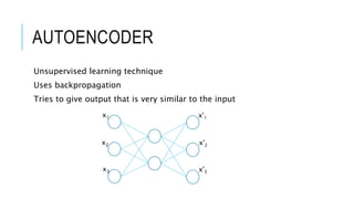 AUTOENCODER
Unsupervised learning technique
Uses backpropagation
Tries to give output that is very similar to the input
x1
x2
x3
x'1
x'2
x'3
 