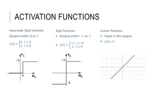 ACTIVATION FUNCTIONS
Heaviside Step function
Output either 0 or 1
𝑓 𝐼 =
0, 𝐼 < 0
1, 𝐼 ≥ 0
Linear function
 Input is the output
 𝑓 𝐼 =I
Sign function
 Output either -1 or 1
 𝑓 𝐼 =
−1, 𝐼 < 0
1, 𝐼 ≥ 0
 
