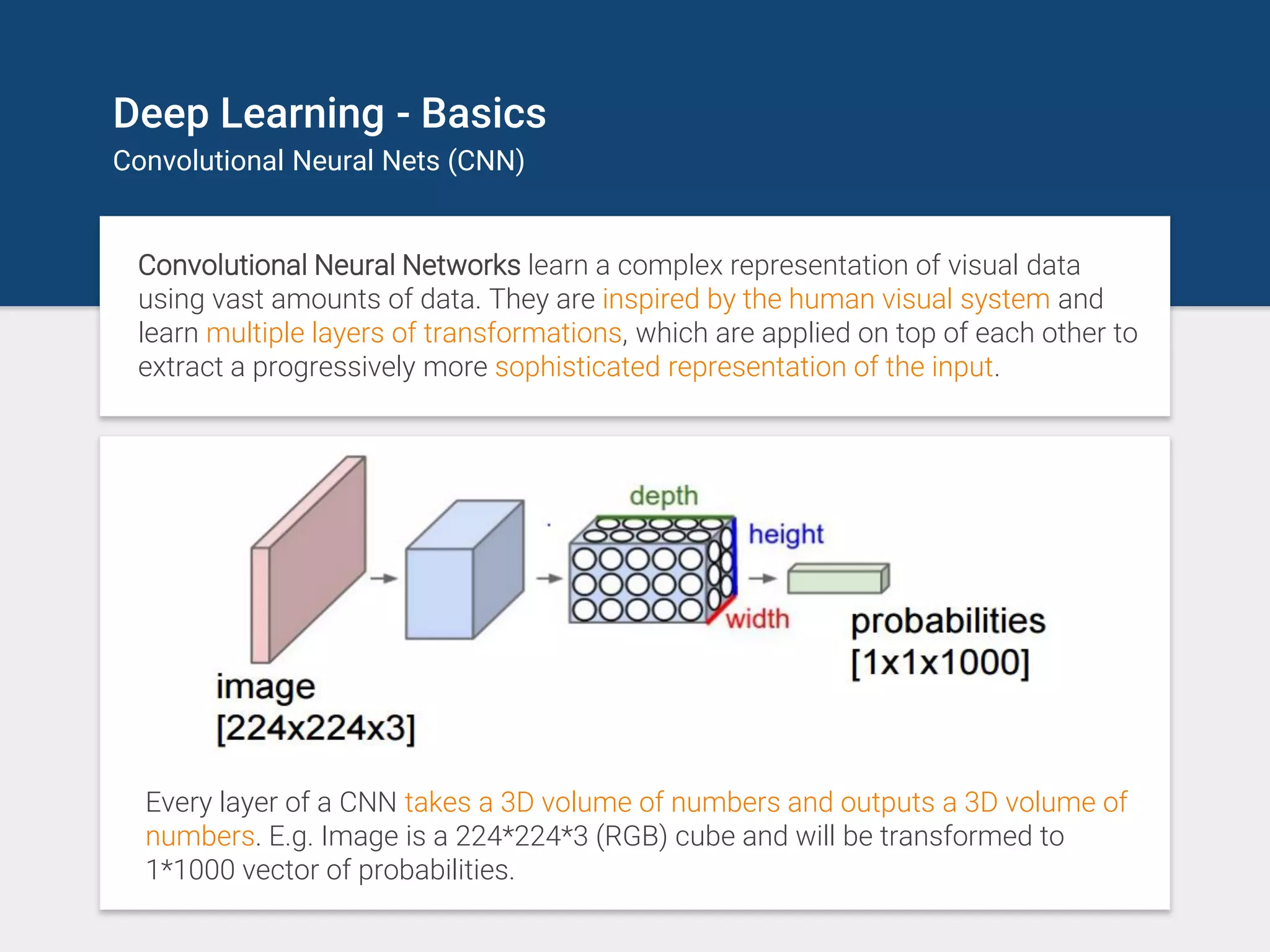 Deep Learning - Basics
Convolutional Neural Nets (CNN)
Convolutional Neural Networks learn a complex representation of visual data
using vast amounts of data. They are inspired by the human visual system and
learn multiple layers of transformations, which are applied on top of each other to
extract a progressively more sophisticated representation of the input.
Every layer of a CNN takes a 3D volume of numbers and outputs a 3D volume of
numbers. E.g. Image is a 224*224*3 (RGB) cube and will be transformed to
1*1000 vector of probabilities.
 